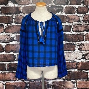 Free People Blue Plaid Peasant Blouse